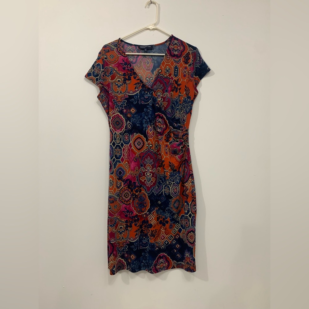 Jones New York Navy, Orange and Pink Printed Midi Dress